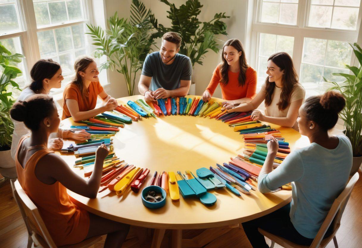 A vibrant scene depicting diverse individuals collaborating around a large, circular table filled with colorful tools and materials. They are smiling, exchanging ideas, and working seamlessly together, with a backdrop of a bright, sunlit room filled with plants symbolizing growth and support. The atmosphere is infused with positive energy and warmth, representing camaraderie and teamwork. super-realistic. vibrant colors. warm lighting.