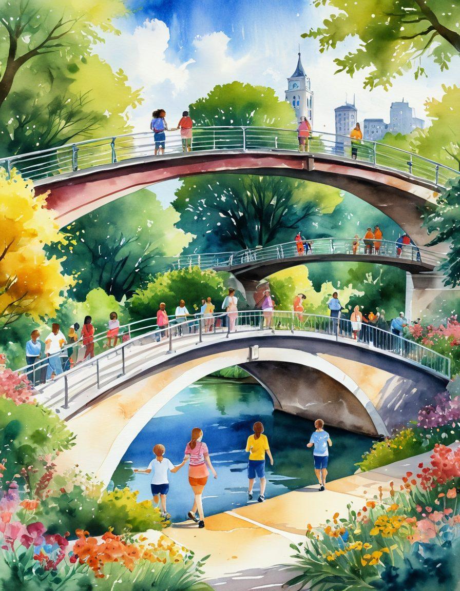 A vibrant illustration of a diverse group of people actively engaged in joyful community activities, symbolizing connection and positivity. In the background, a beautiful bridge connects two lively parks, filled with greenery and flowers, showcasing a sense of unity and happiness. Bright colors and smiling faces should dominate the scene to evoke warmth and togetherness. artistic style: watercolor, lush colors, uplifting atmosphere.