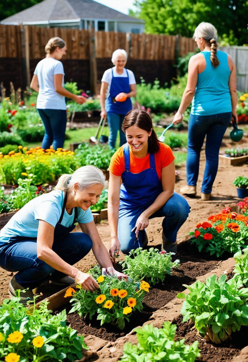 A vibrant community garden scene with diverse people of different ages joyfully interacting while planting flowers and vegetables together. Bright colors highlight the plants and smiling faces, creating an atmosphere of warmth and connection. Include elements of altruism like shared tools and community signs promoting kindness. super-realistic. vibrant colors. organic composition.
